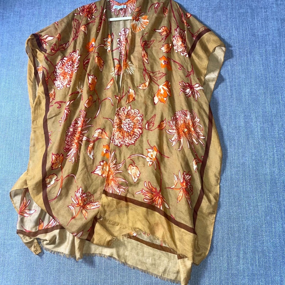 Woven‎ Heart Kimono Cover Up Womens One Size Brown Floral Fringe Hem Swimwear
